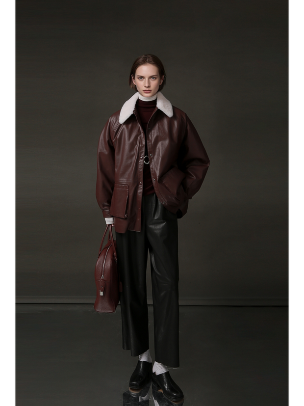 Women’s Biker-Style Shearling Down Jacket – Trendy Short White Goose Down Coat for Winter