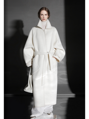 Chain Pattern Wool Coat for Women – Double-Faced Alpaca Wool Overcoat with Leather Trim, Chic Oversized Silhouette Winter Outerwear