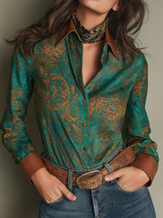 Vintage Green Baroque Print Leather Collar & Cuffs Shirt