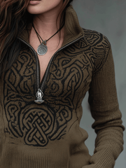 Olive Green Black Celtic Embroidery Half-Zip Sweater