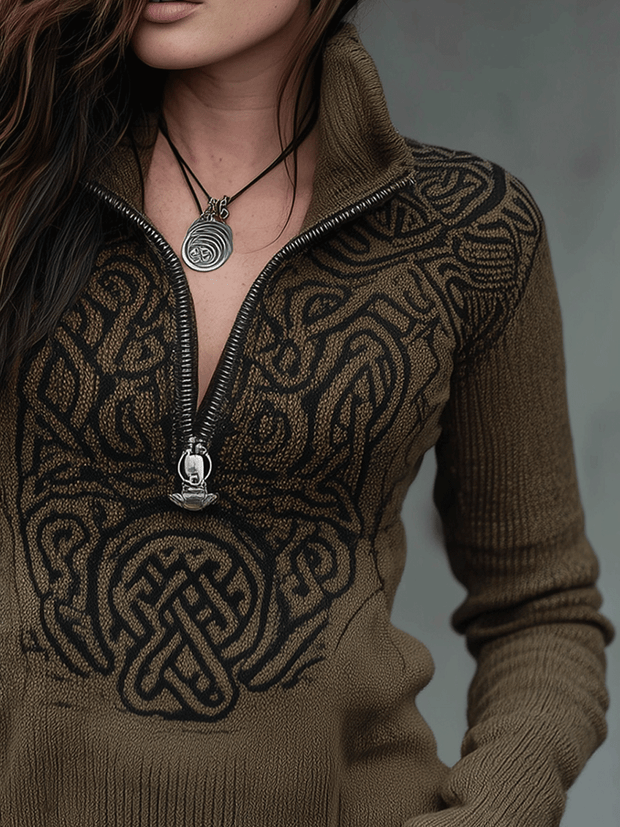 Olive Green Black Celtic Embroidery Half-Zip Sweater
