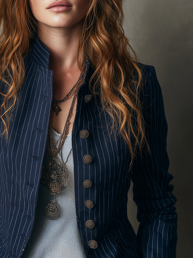 Retro Stand Collar Striped Long Sleeve Jacket