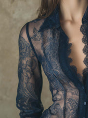 Romantic Paisley Print Lace Trim Sheer Shirt