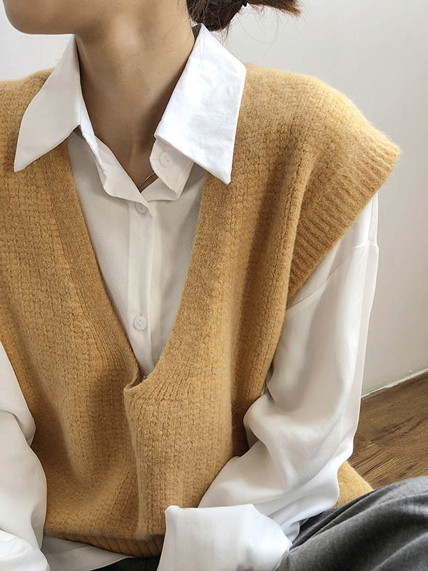 Knitting Irregularity Solid V-Neck Vest