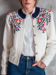 Floral Yoke Embroidery White Knit Cardigan With Navy Collar
