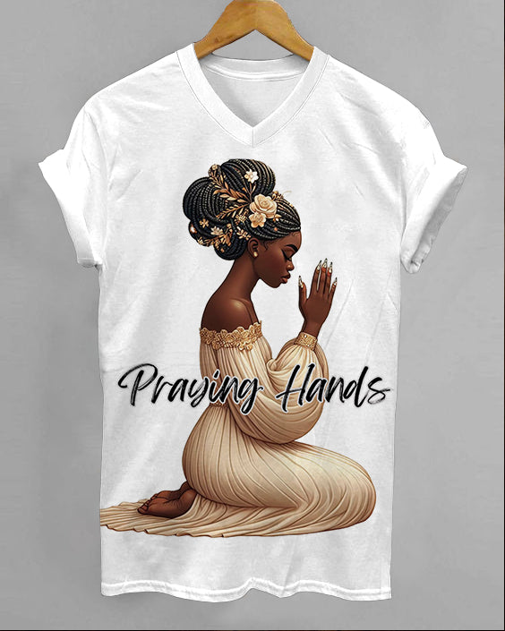 Christian Woman Praying Hand V-neck Short Sleeve Shirt