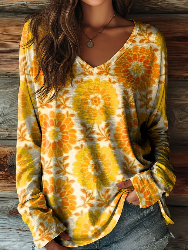 Women's Bohemian Floral Art Print Casual V-neck Long Sleeve T-shirt