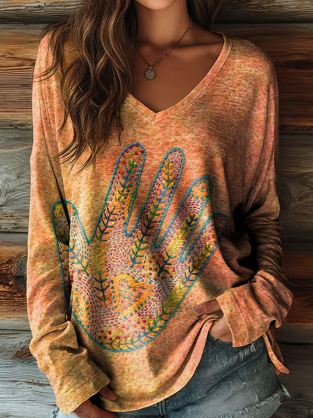 Women's Ethnic Collage Floral Hand Art Pattern Print Casual V-neck Long Sleeve T-shirt