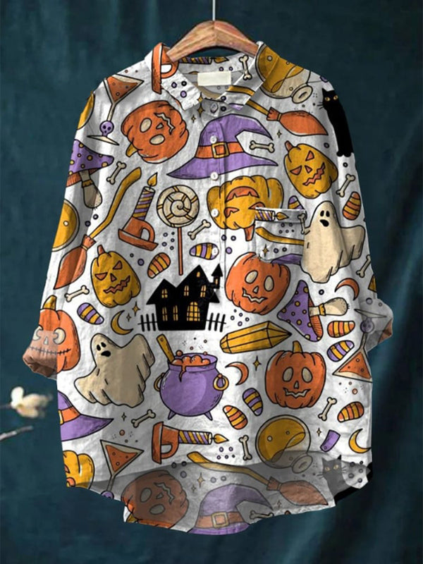 Halloween Print Casual Cotton And Linen Shirt