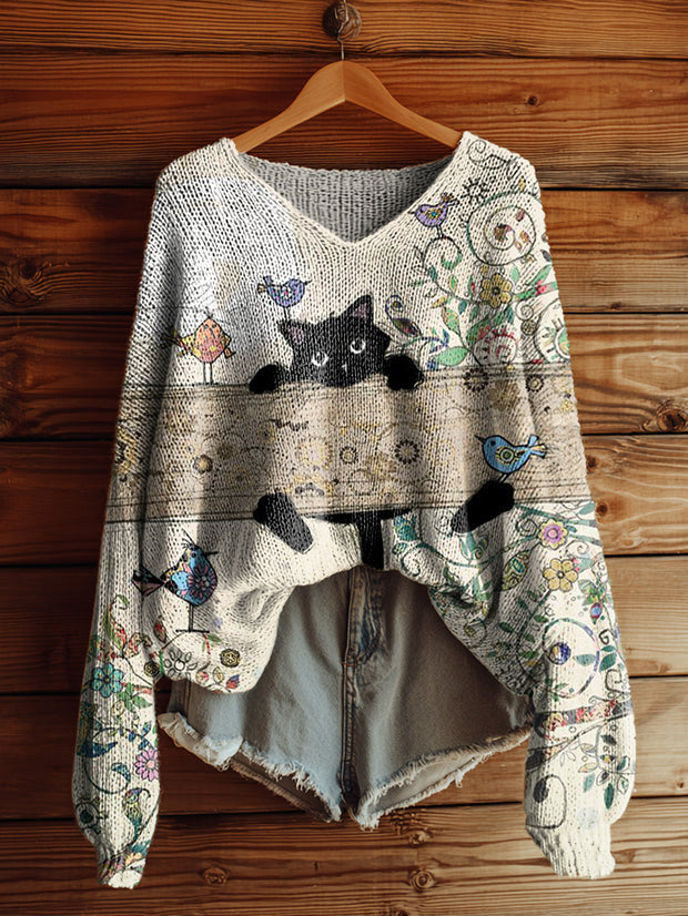 Women's Cute Black Cat Art Print Casual Pullover Sweater