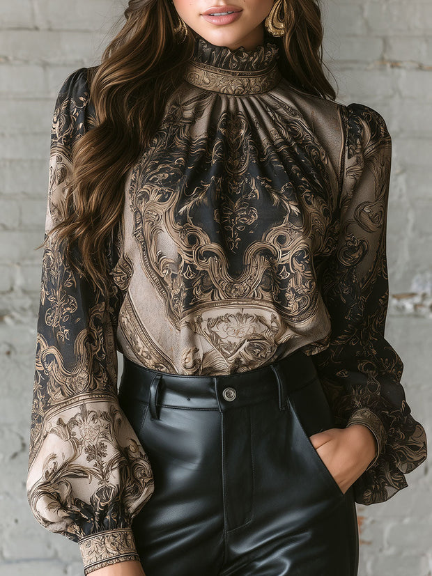 Vintage Baroque High Neck Black & Gold Puff Sleeve Blouse