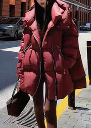 Loose Red Hooded Zippered Duck Down Coats Winter