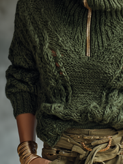 Metal Zip-up Collar Cable-knit Sweater