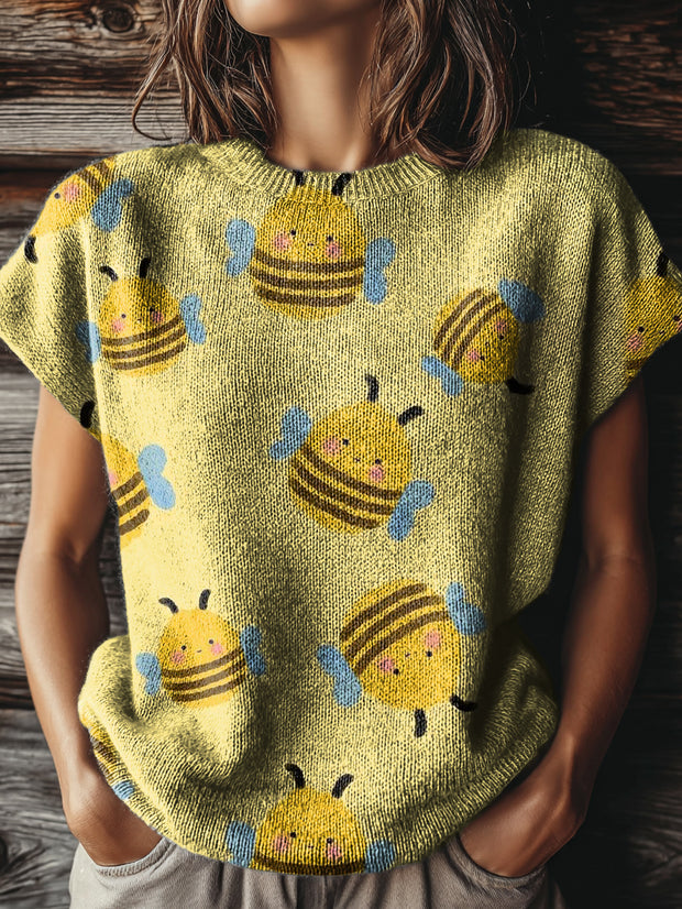 Women's Cute Bee Art Print Casual Crew Neck Short Sleeve Knitted Sweater