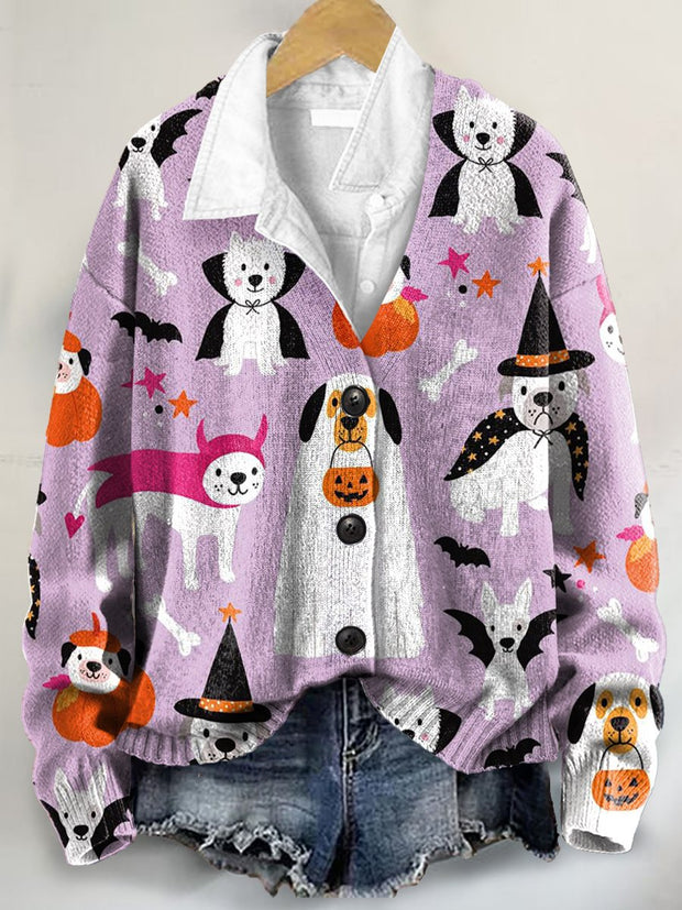 Halloween Dog Art Print Buttoned V-neck Cardigan Sweater