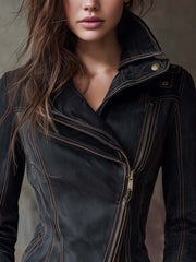 Vintage Washed Denim Moto Jacket – Charcoal Edge