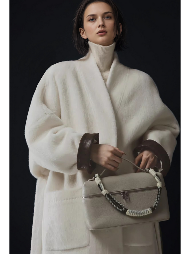 Luxury Ostrich-Texture Patchwork Wool-Blend Alpaca Coat for Women – Elegant Fall Winter Outerwear