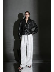 Women’s Cropped Sheepskin Leather Moto Jacket – High-End Belted Designer Biker Outerwear