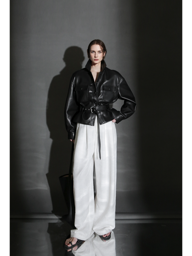 Women’s Cropped Sheepskin Leather Moto Jacket – High-End Belted Designer Biker Outerwear