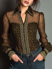Retro Leopard Print Patchwork Lace Long Sleeve Sheer Shirt