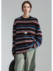Wide Stripe Wool Knit Sweater for Women – Soft and Cozy Round Neck Pullover for Autumn/Winter