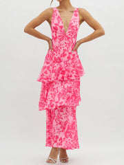 Plunge neck floral tiered maxi dress