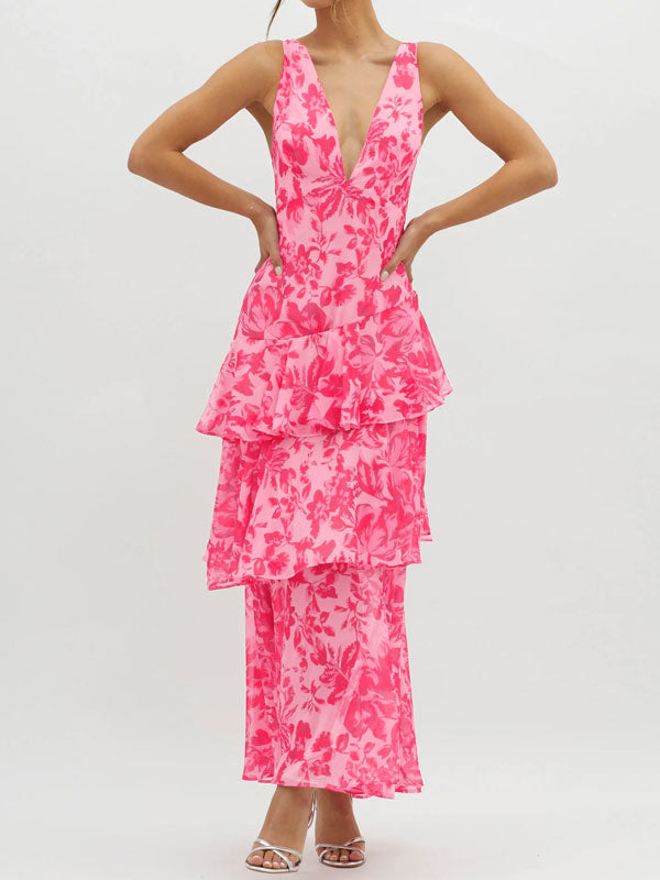 Plunge neck floral tiered maxi dress