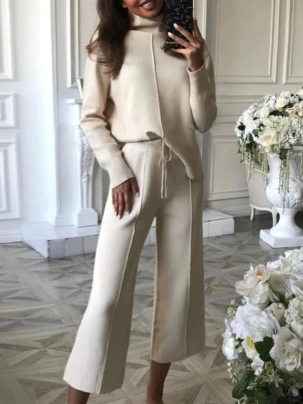 Casual High-neck Knitted Wide-leg Pants Two-piece Suits