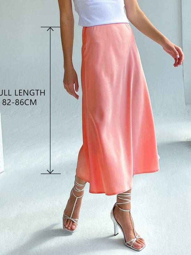 Tataria Silk Satin Skirts for Women High Waisted Skirt 2022 Women A-Line Elegant Skirts Summer Pink Midi Skirt New Korean Style