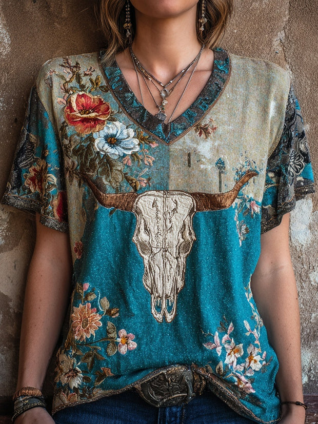 Western Bull Skull & Flowers Embroidered Comfy T Shirt