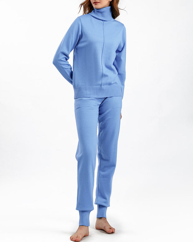 Turtleneck solid color sweater knitted two-piece set