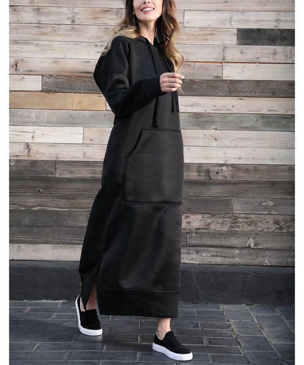 Autumn Winter New Loose Velvet Casual Fashion Big Pocket Knitted Hooded Maxi Dress