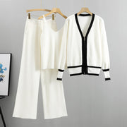 Knitted cardigan suspender wide-leg pants three-piece set