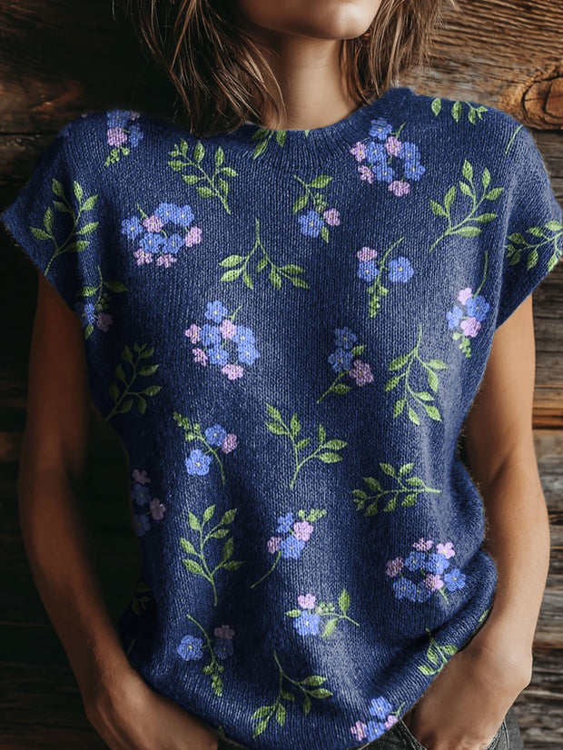Women's Blue Flowers Pattern Art Print Casual Crew Neck Short Sleeve Knitted Sweater