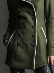 Military-Inspired Olive Trench White Trim Coat
