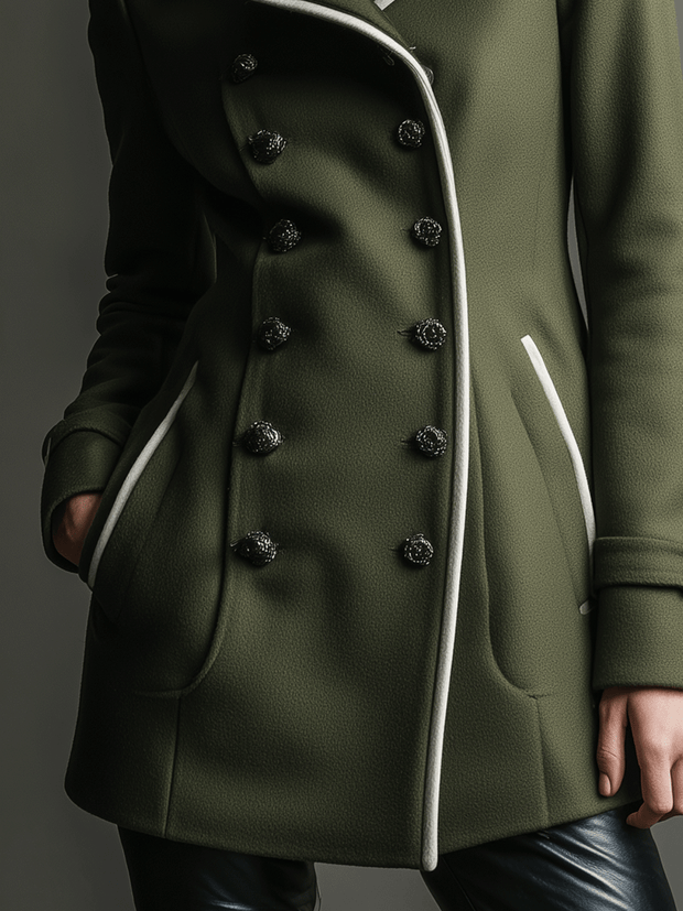 Military-Inspired Olive Trench White Trim Coat