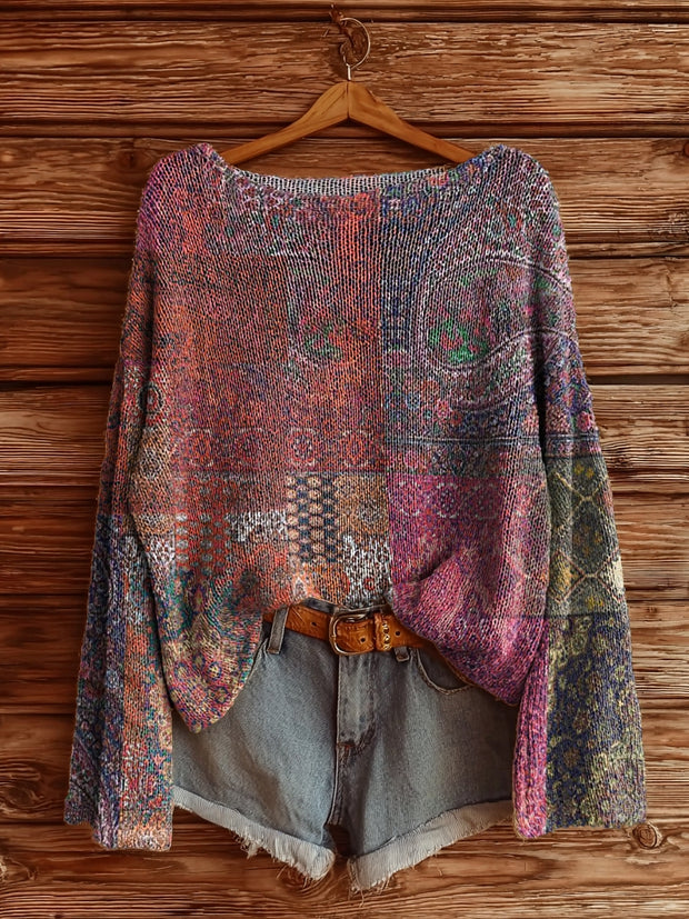 Women's Ethnic Totem Collage Art Pattern Print Casual Pullover Sweater