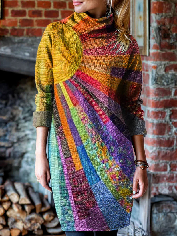 Women's Vintage Bohemian Sun Art Print Cover-up High-neck Knit Dress