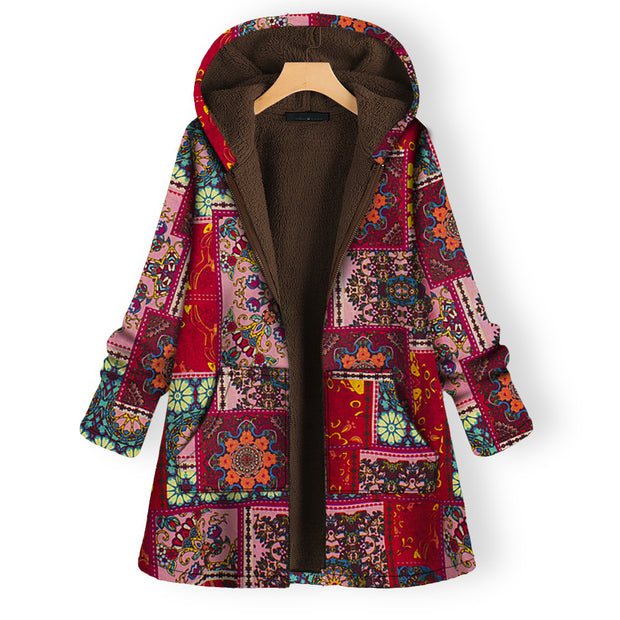 Wearshes Casual Retro Print Plus Velvet Coat