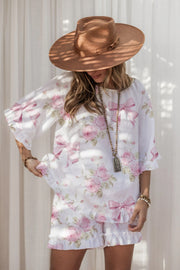 Women's Ruffled Rose Bow Printed Pajama Set