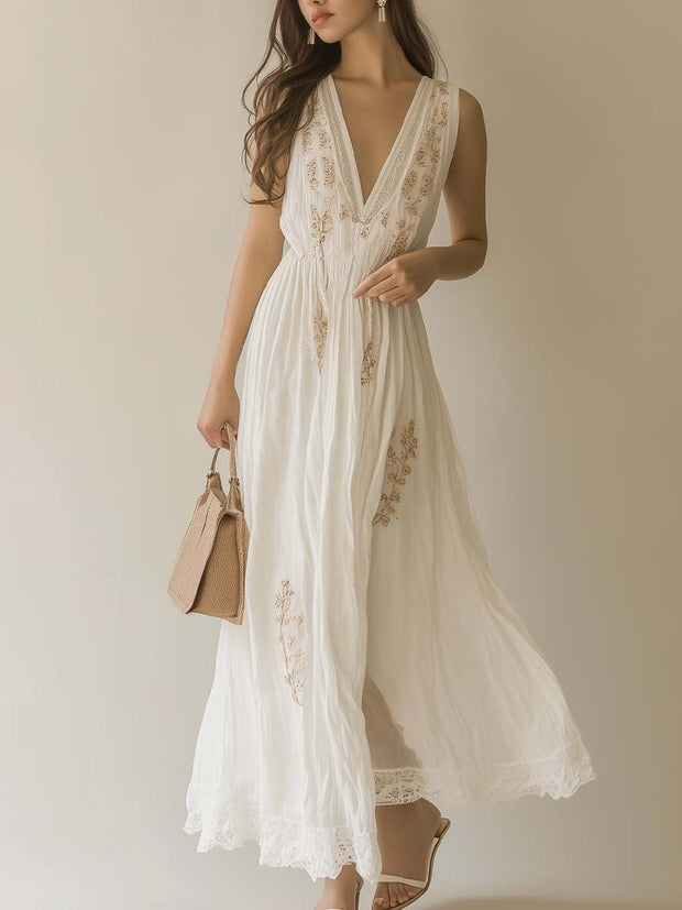 Bohemian Embroidered Sleeveless Chiffon Maxi Dress