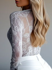 (clearance)Chic V-neck Sheer Lace Patchwork Slim Fit Shirt