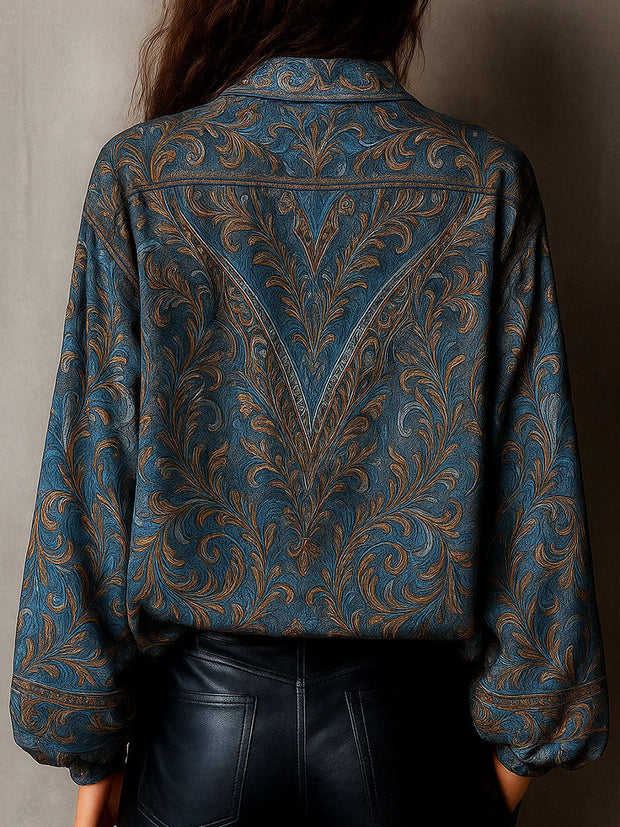 Retro Blue Bronze Baroque Paisley Print Loose Blouse