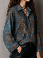 Retro Blue Bronze Baroque Paisley Print Loose Blouse