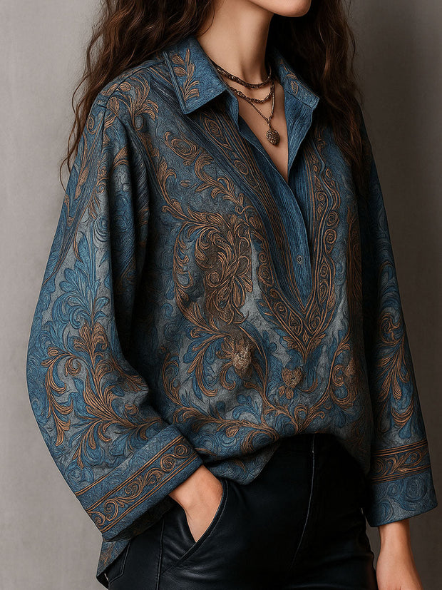 Retro Blue Bronze Baroque Paisley Print Loose Blouse