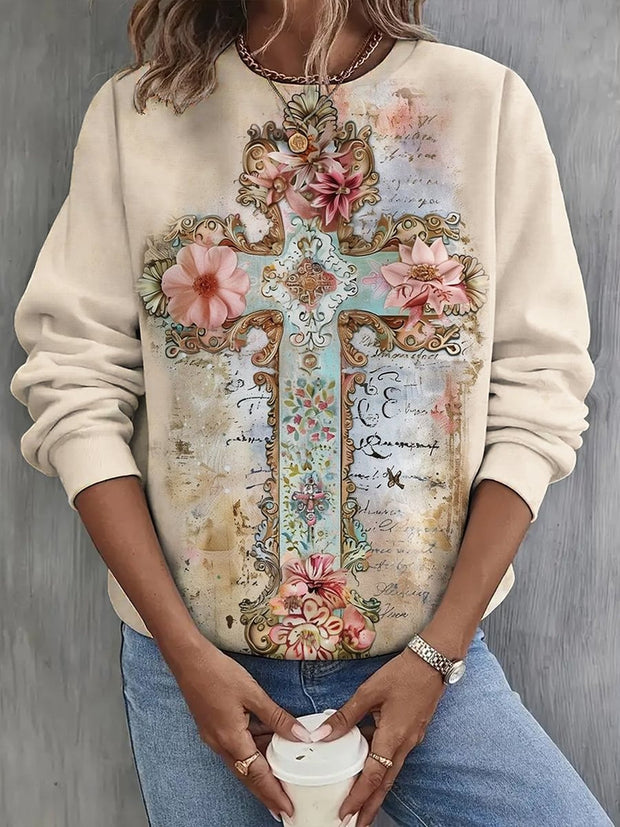 Women's Floral Cross Print Casual Long Sleeve Top