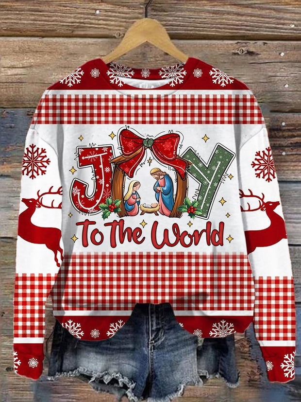 Joy To The World Print Casual Long Sleeve Top