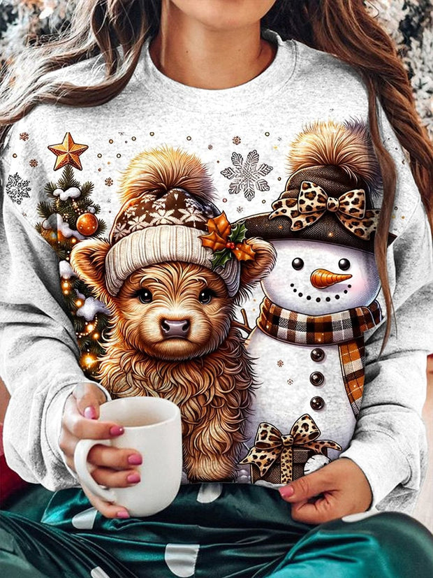 Christmas Highland Cow Snowman Print Casual Long Sleeve Top