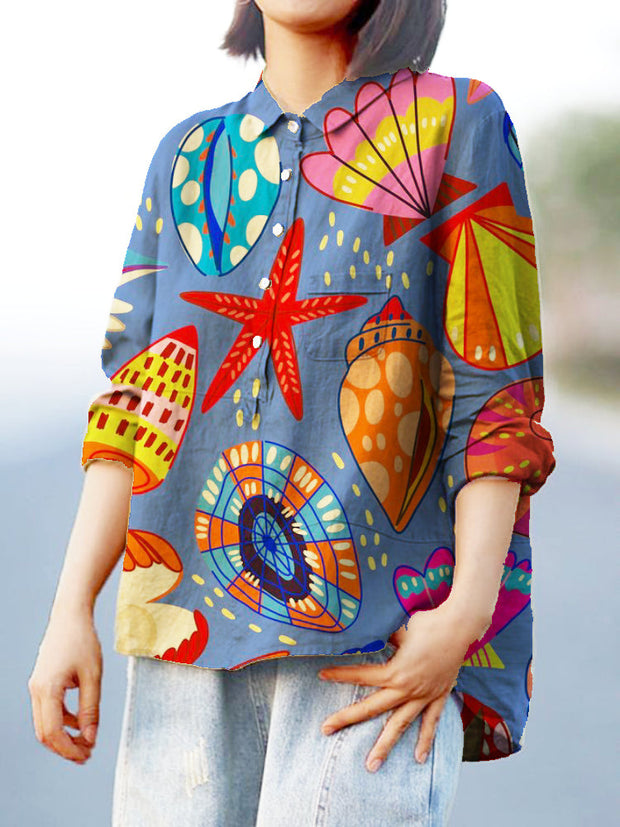 Women's Vibrant Summer Sea Shells Pattern Printed Cotton And Linen Shirt