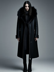 Women Fur Trim Warm Lined Hooded Faux Leather Trench Coat